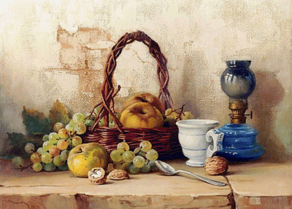 Натюрморт с лампой. - натюрморт. живопись., корзина, орехи, фрукты, лампа - предпросмотр