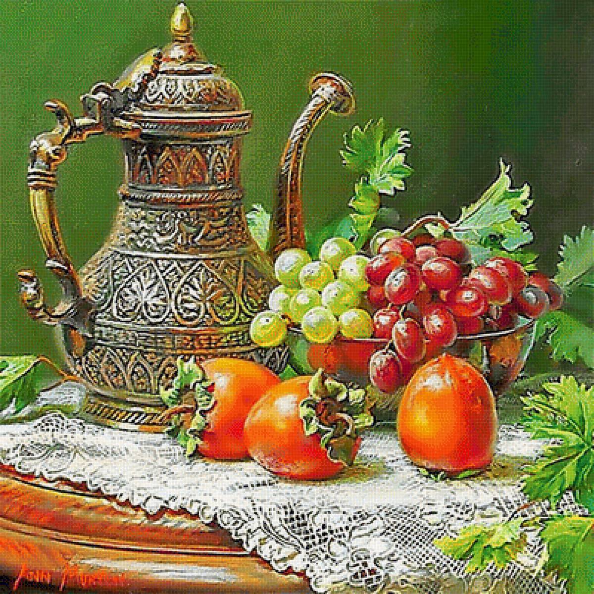 Натюрморт. - кувшин, натюрморт. живопись., фрукты, виноград - предпросмотр