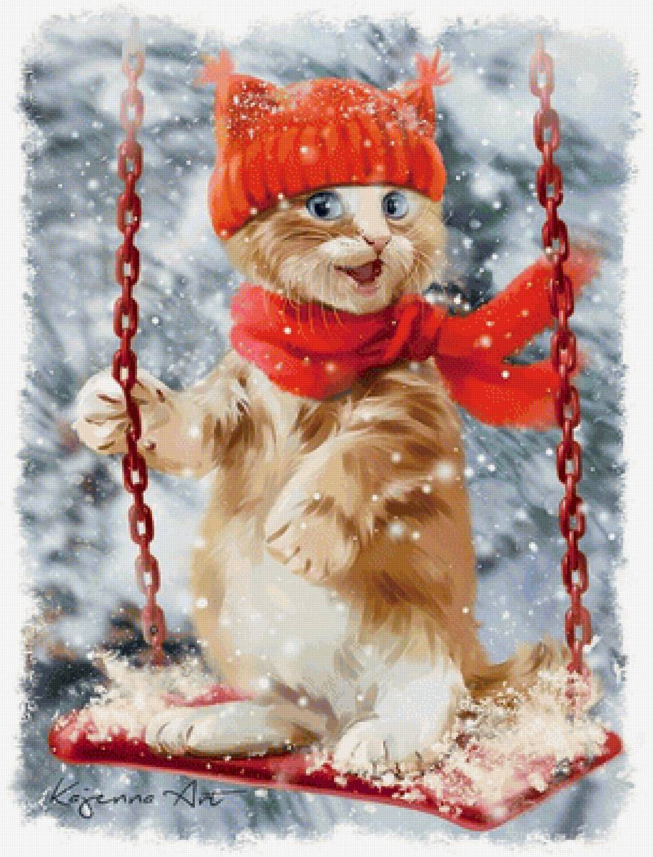 Мир животных - котенок, арт, кот, качели, зима - предпросмотр