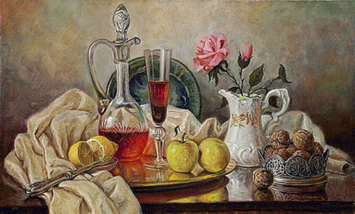 Натюрморт. - живопись., фрукты. вино, роза. натюрморт - предпросмотр