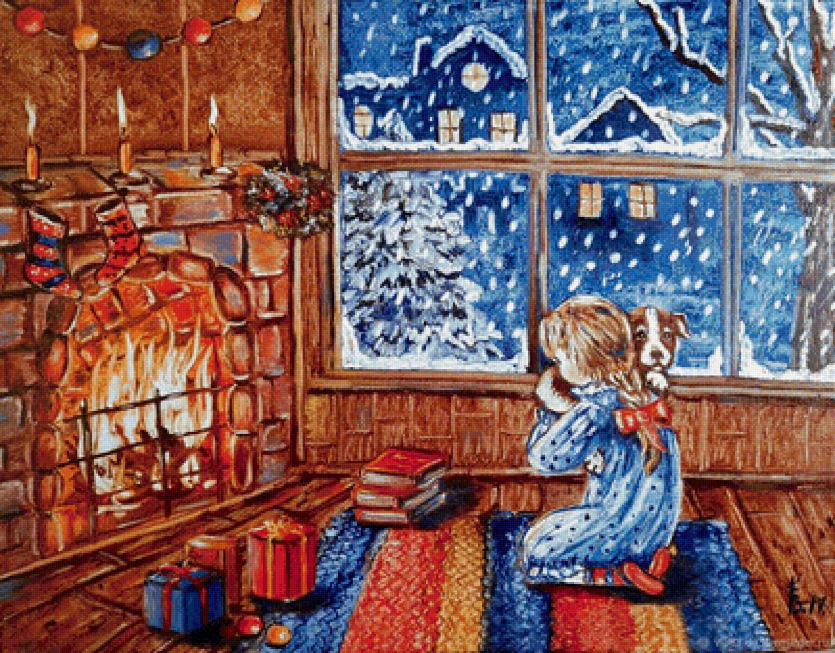 У камина - собака. девочка, камин, детская, зима - предпросмотр