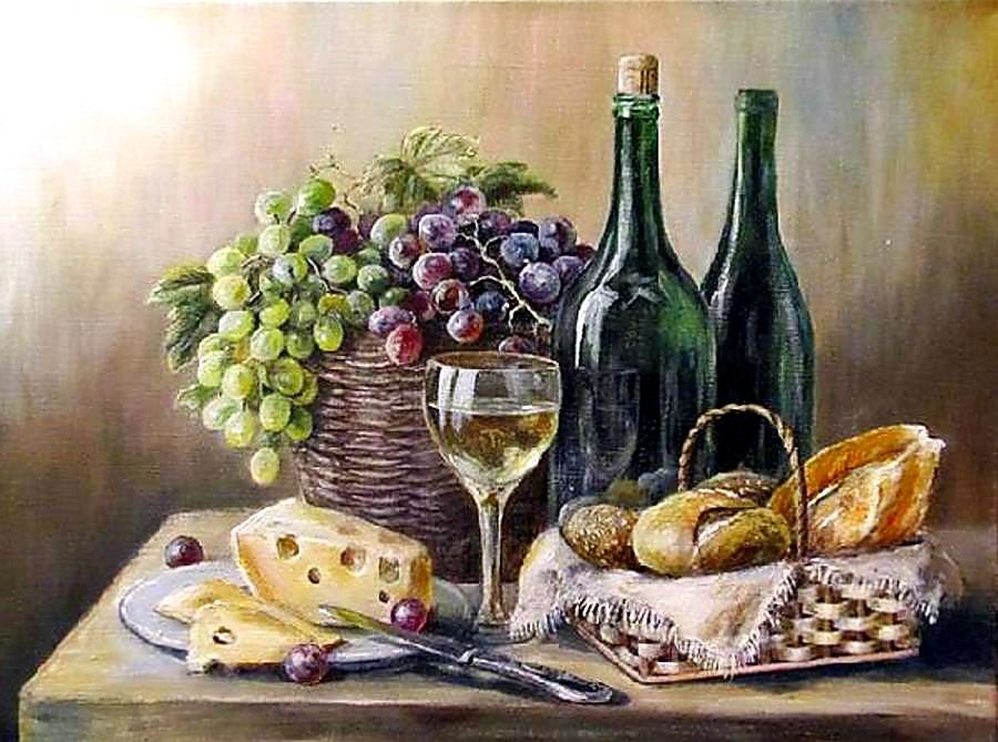 Натюрморт с сыром. - сыр, натюрморт, виноград, живопись., вино - оригинал