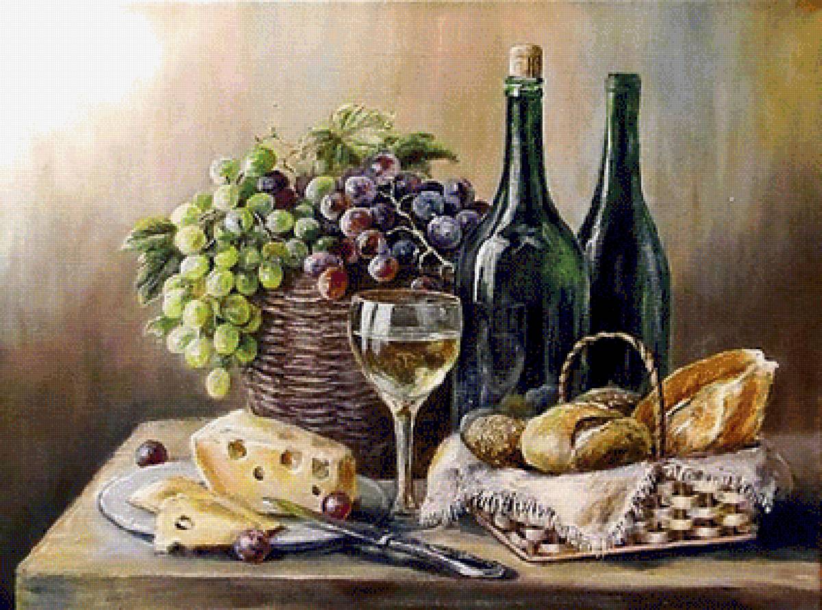 Натюрморт с сыром. - сыр, живопись., виноград, вино, натюрморт - предпросмотр