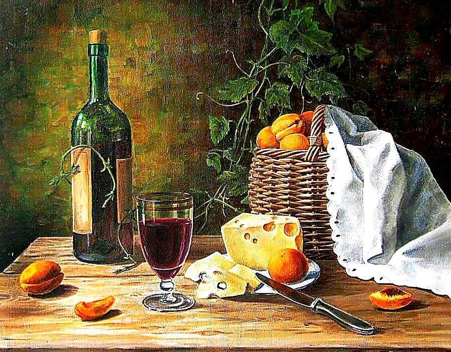 Натюрморт с сыром. - сыр. вино, живопись., абрикосы, натюрморт - оригинал