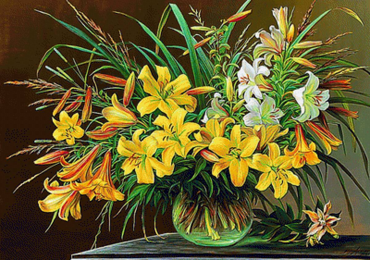 Натюрморт с лилиями. - лилии, букет, натюрморт, живопись. - предпросмотр