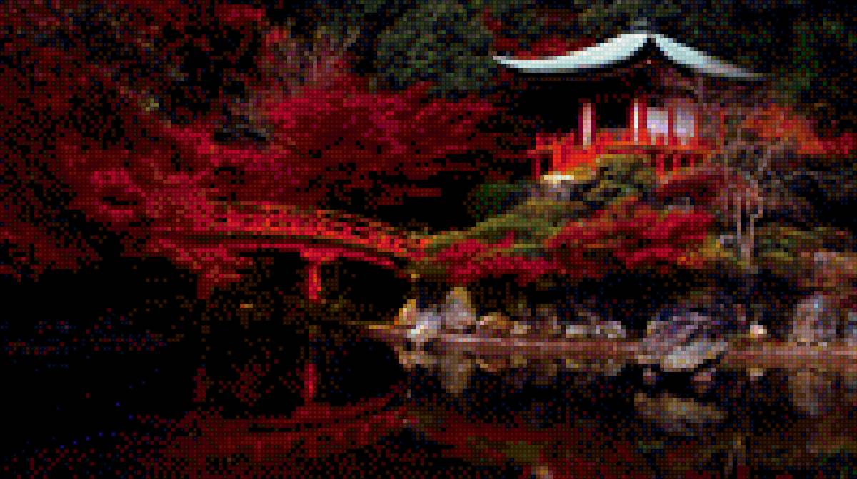 Японский пейзаж - цветение, пейзаж, пагода, япония, речка - предпросмотр