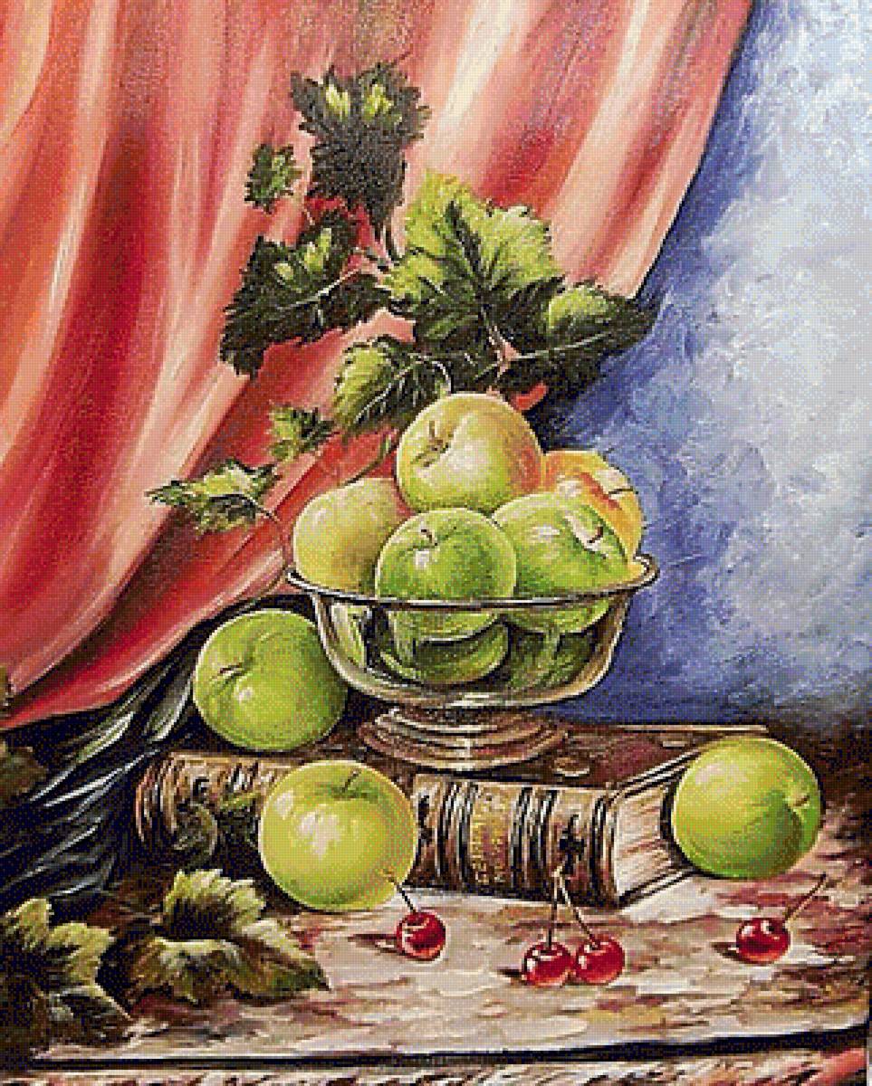 Натюрморт с яблоками. - яблоки. книга. натюрморт. живопись. - предпросмотр