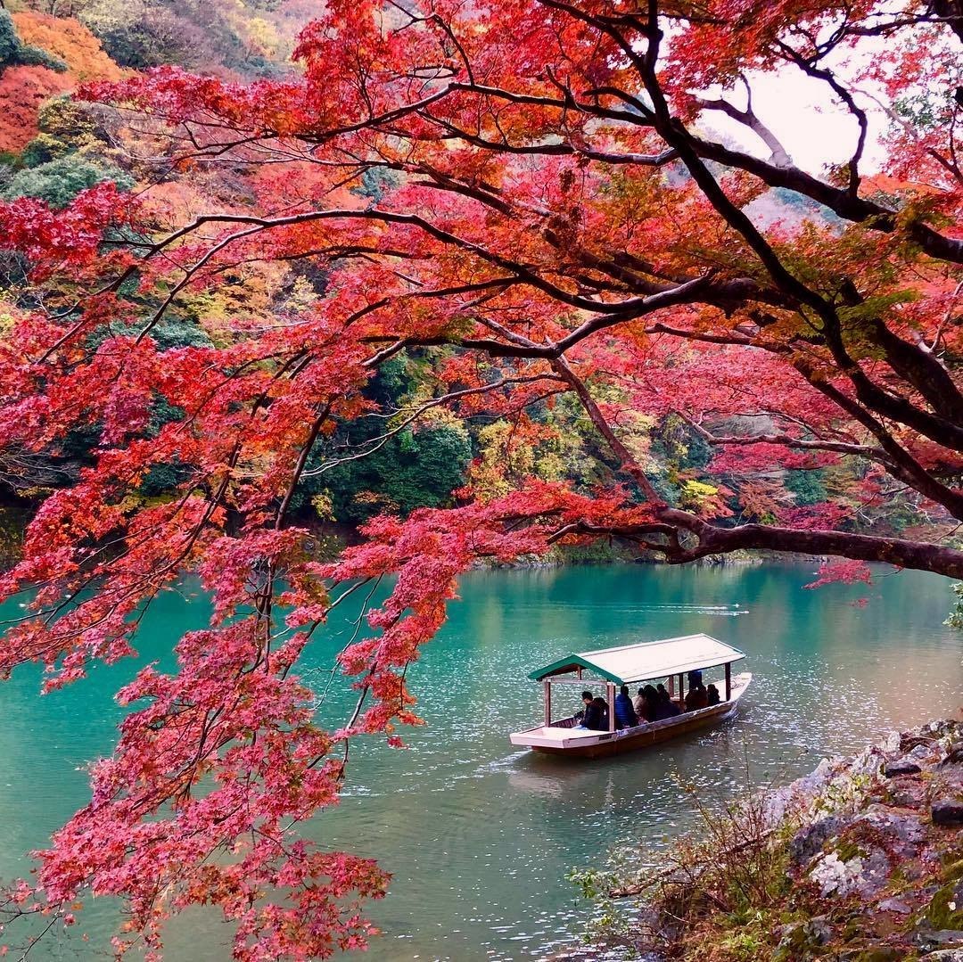 апылор - пейзаж, река, лодка, природа, япония, осень - оригинал