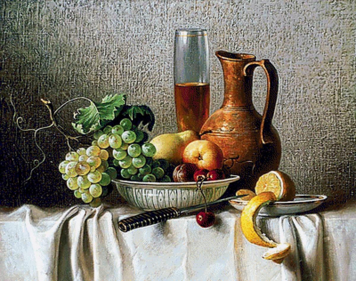 Натюрморт с виноградом. - вино, натюрморт, живопись., виноград, фрукты - предпросмотр