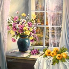 okno,kvety,ovocie