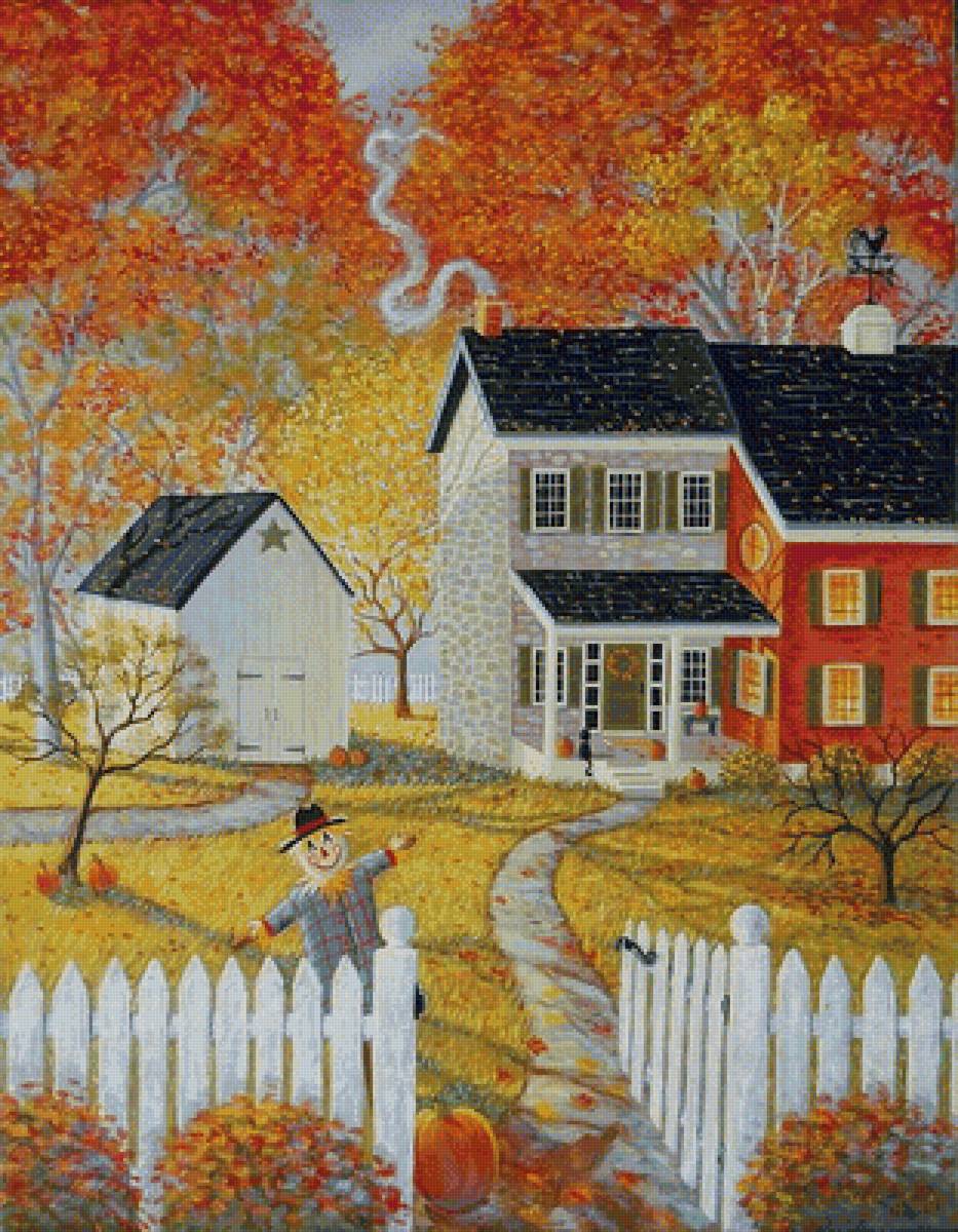 Осень - осенний пейзаж, чучело, дом - предпросмотр