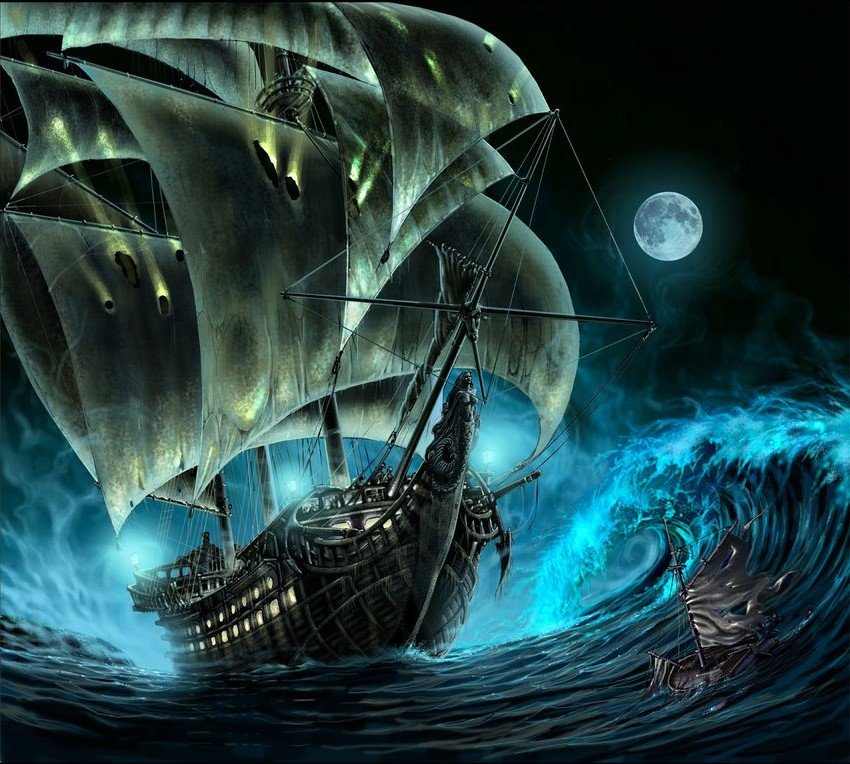 летучий голландец в ночном море - корабли, фэнтези, море - оригинал