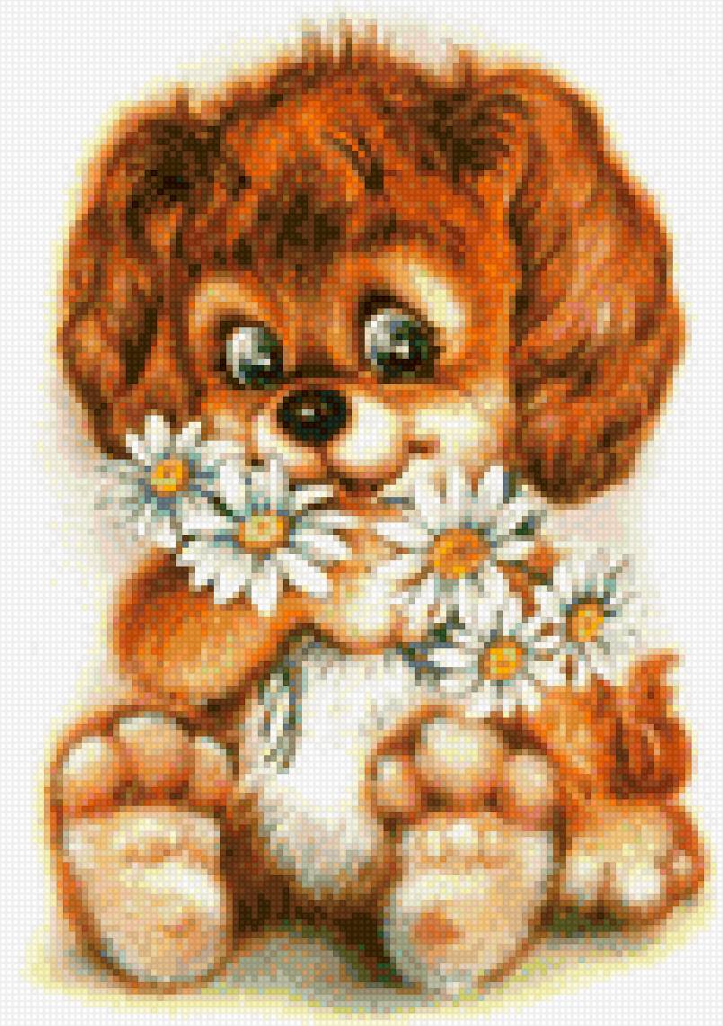 Щенок с ромашками - схема, щенок, вышивка крестом, вышивка - предпросмотр