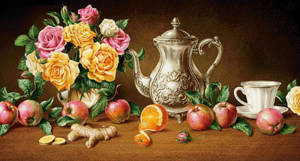 Для кухни - чайник, чашка, розы, яблоки - предпросмотр