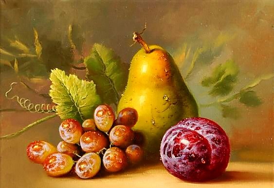 Натюрморт с грушей. - виноград, груша, живопись., натюрморт - оригинал