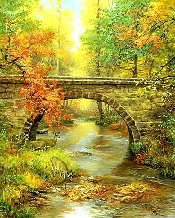 Пейзаж, - олени, мост, живопись., пейзаж - оригинал