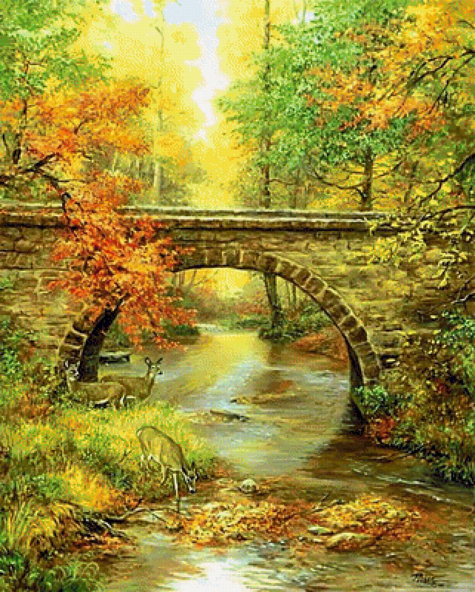 Пейзаж, - мост, живопись., пейзаж, олени - предпросмотр