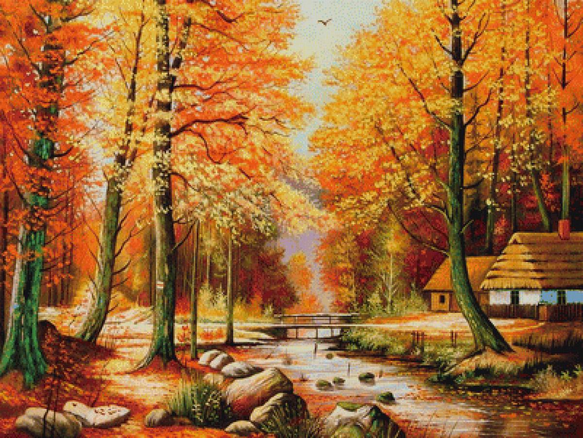 Осенний пейзаж - река, лес, дом, осень - предпросмотр