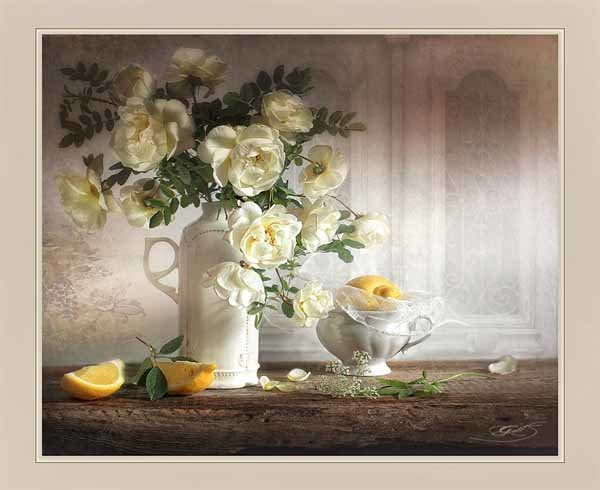 Белые розочки с лимоном - букет, цветы, натюрморт, розы - оригинал