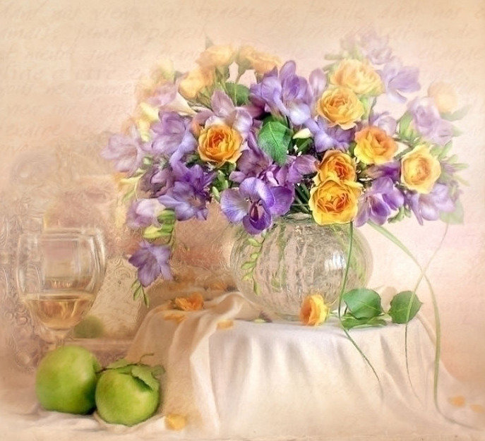 Натюрморт с бокалом - букет, розы, цветы, натюрморт - оригинал