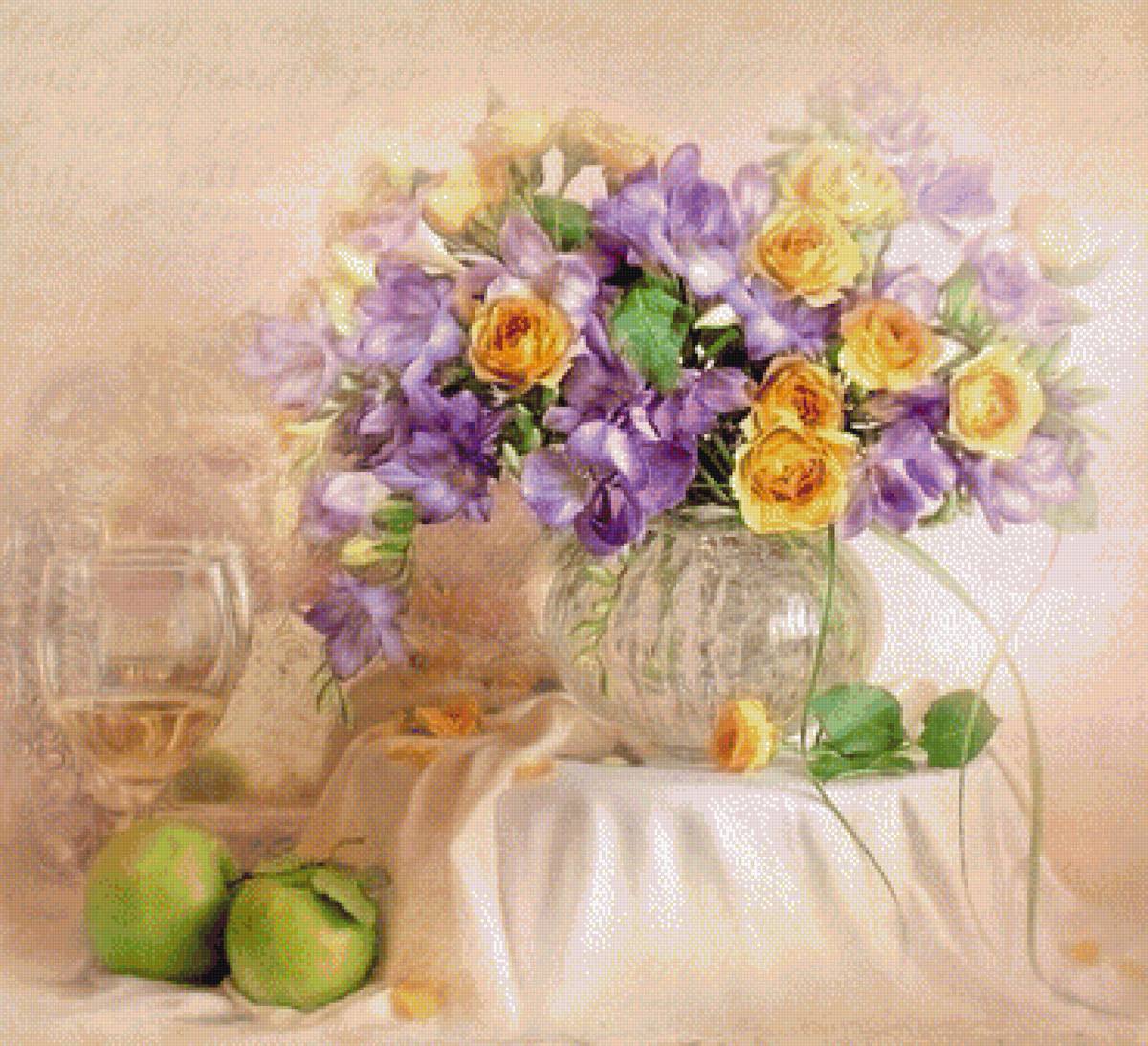 Натюрморт с бокалом - натюрморт, букет, цветы, розы - предпросмотр