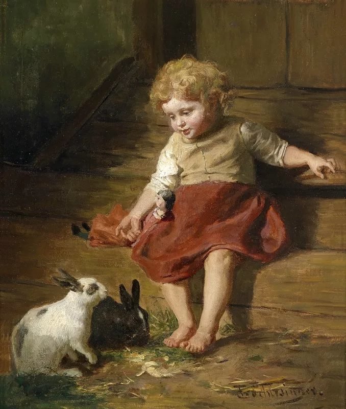 Девочка и кролики - девочка, живопись, кролик - оригинал