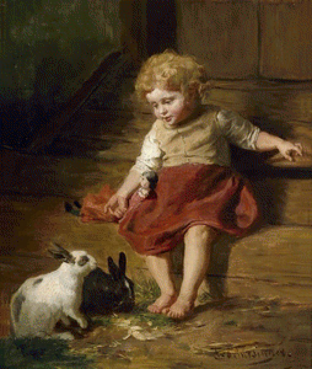 Девочка и кролики - живопись, девочка, кролик - предпросмотр