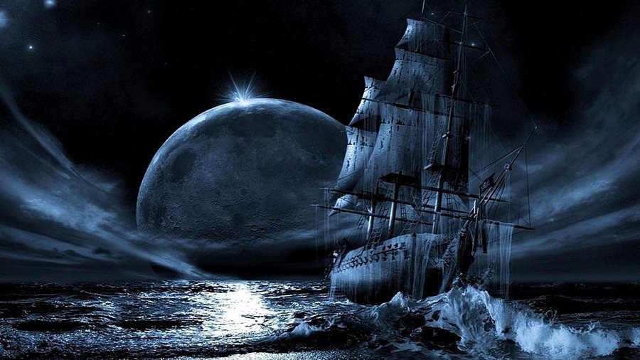 корабль в ночном море - фэнтези, корабли, море - оригинал