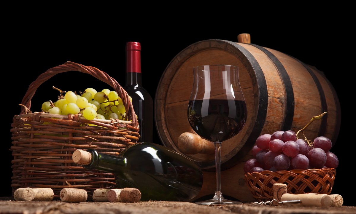 натюрморт с вином - фрукты, вино, боченок - оригинал