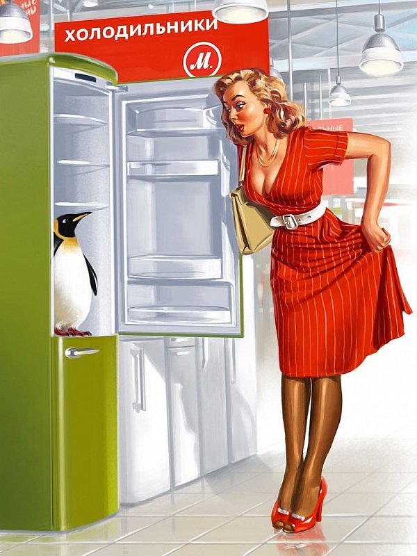 пингвину жарко - девушка, пингвин - оригинал