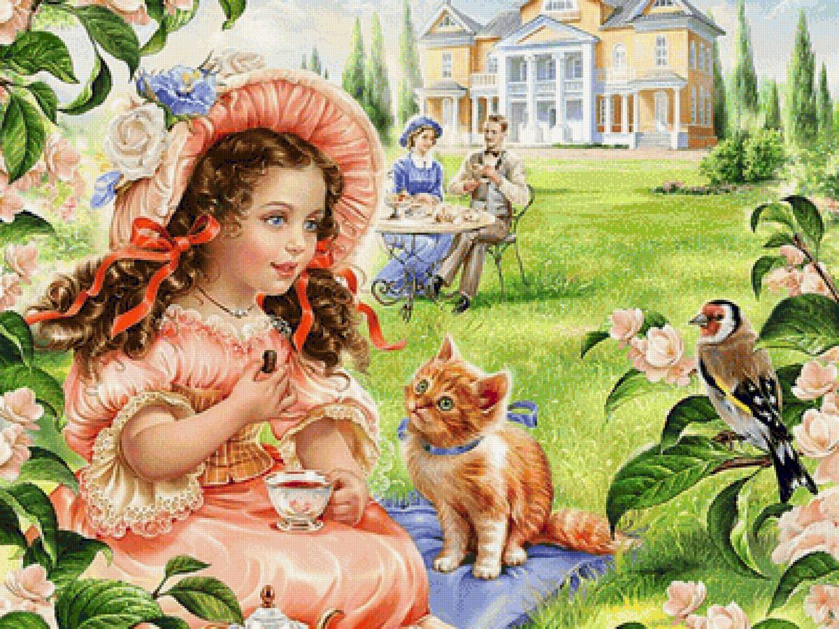 чай с конфетой - котенок, лето, девочка - предпросмотр