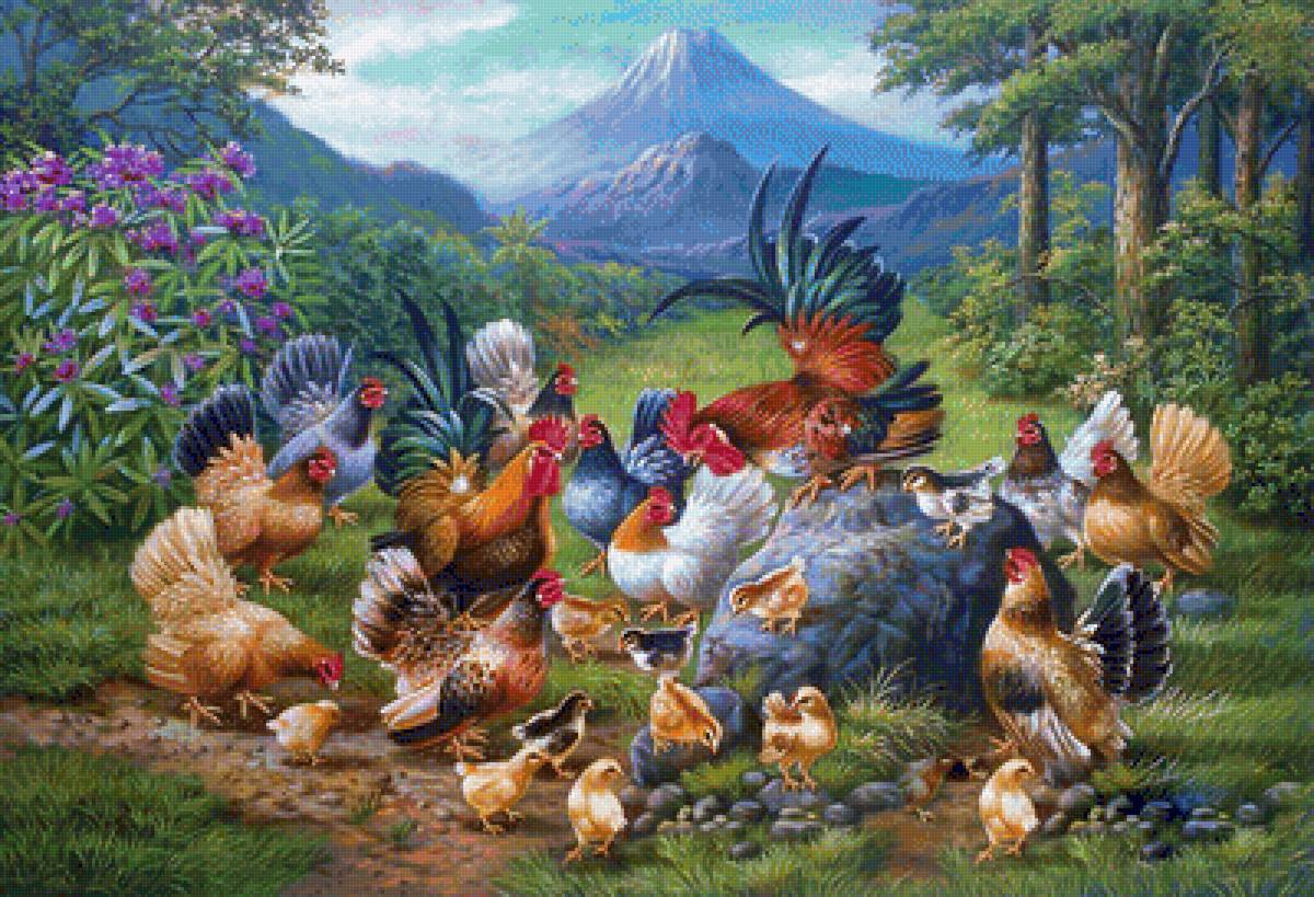 Семейка - цыплята, курочки, горы, петух - предпросмотр