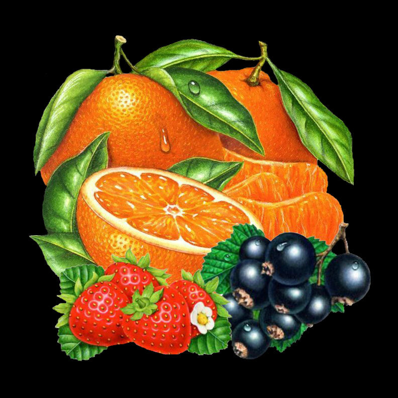 Фрукты на черном - клубника, фрукты, смородина, апельсин - оригинал