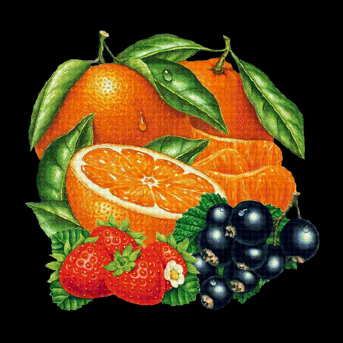 Фрукты на черном - смородина, клубника, фрукты, апельсин - предпросмотр