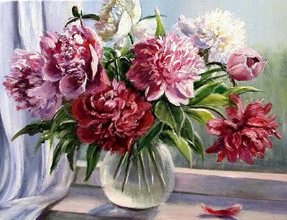 Пионы в вазе - пионы ваза окно - оригинал