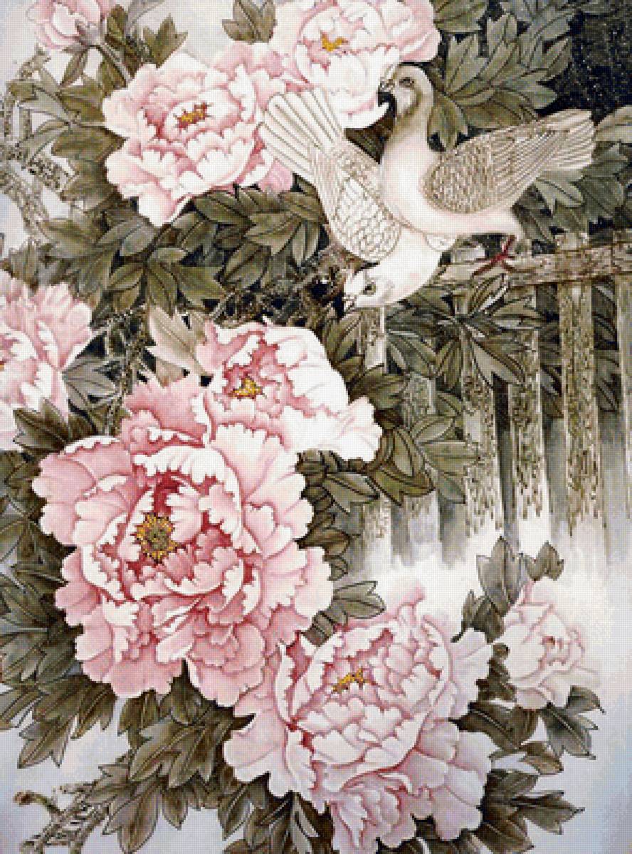 Голуби - пионы. птицы. розовые цветы. китайское - предпросмотр