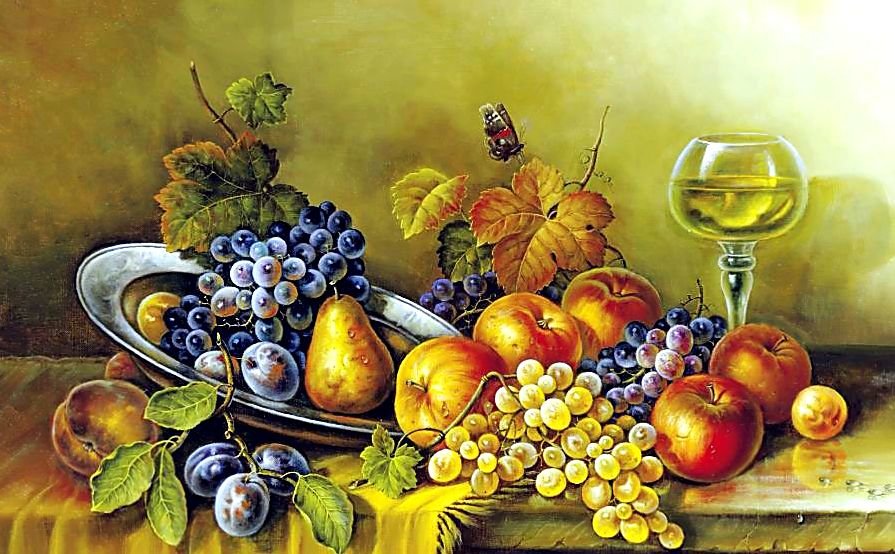 Натюрморт. - живопись., вино, фрукты, виноград, натюрморт - оригинал