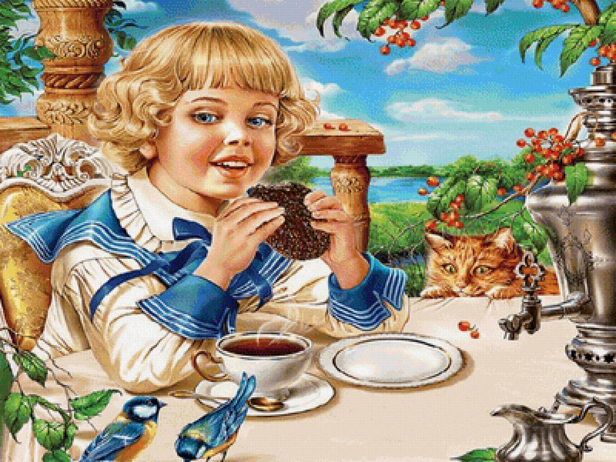 чаепитие - мальчик, кот - предпросмотр