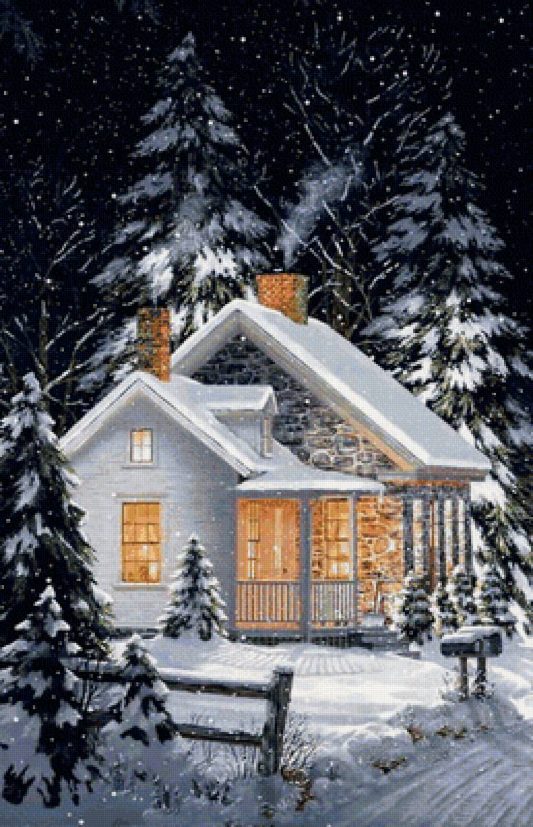 Зимний пейзаж - зима, зимний коттедж, дом, звездное небо, ночь - предпросмотр
