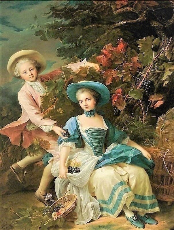 В винограднике - живопись, девушка, двое, виноград - оригинал