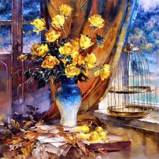 Yellow roses and a birdcage