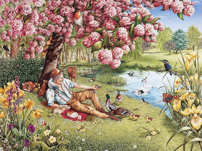 на природе - цветы, озеро, животные - оригинал