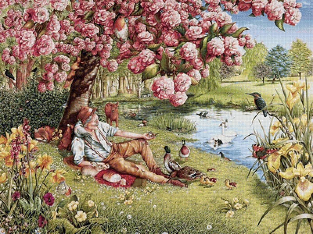 на природе - озеро, цветы, животные - предпросмотр