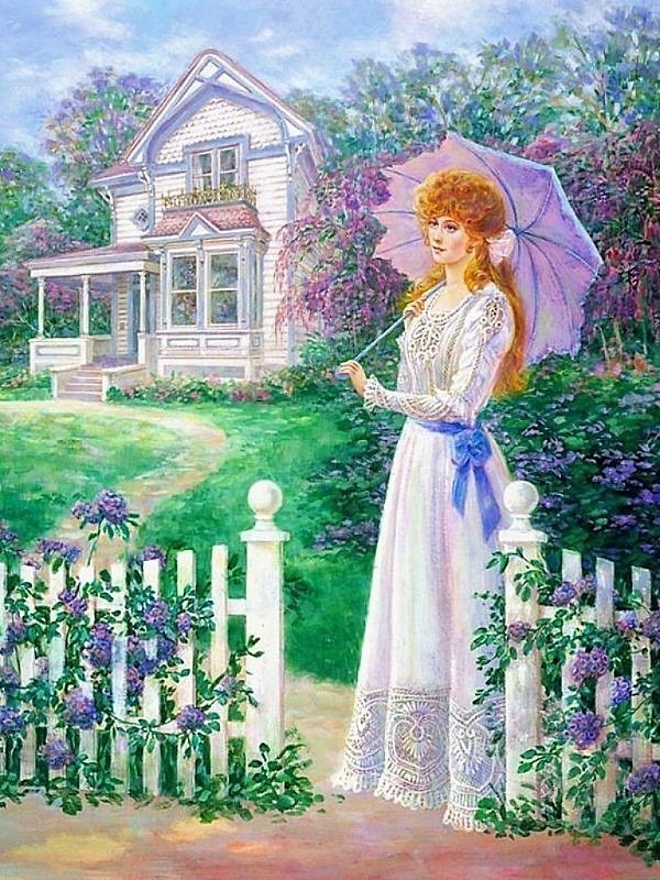 девушка в саду - сад, дом, девушка - оригинал