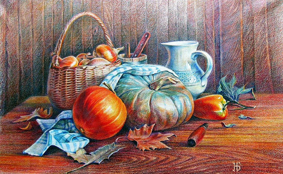 Осенний натюрморт. - корзина. овощи. натюрморт, живопись. - оригинал