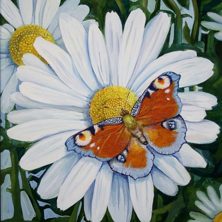 Бабочка и ромашки - бабочка цветы вышивка - оригинал