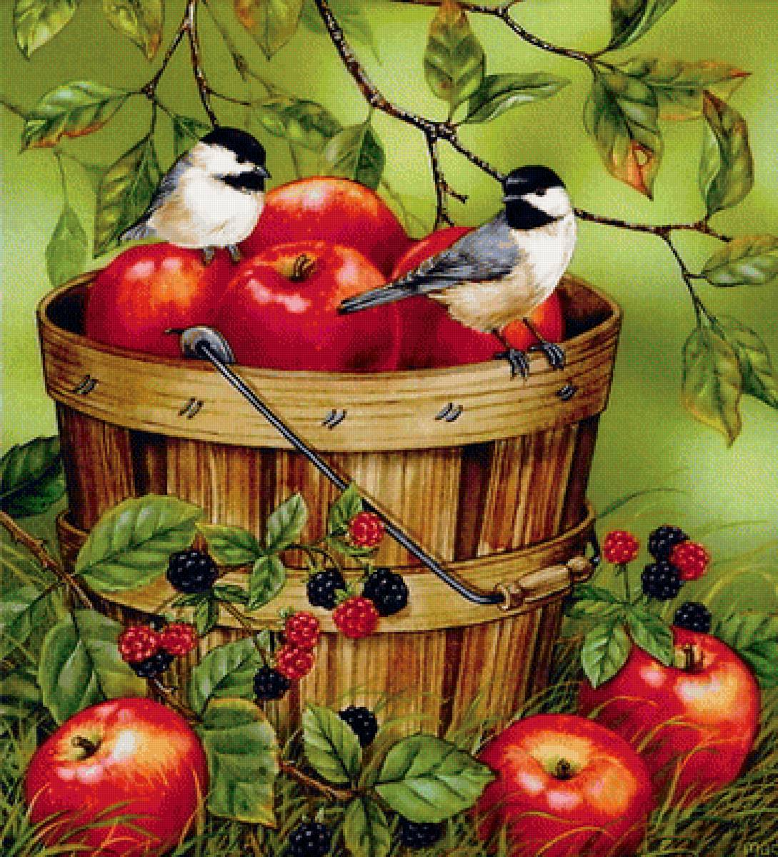 яблоки и птички - пейзаж, картина, природа - предпросмотр
