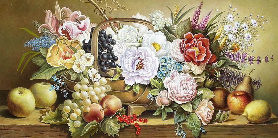 Натюрморт - корзина, цветы, яблоки, виноград - оригинал