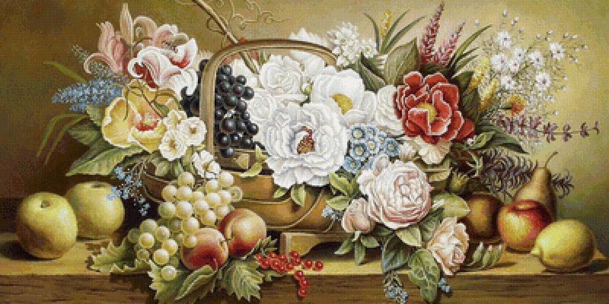Натюрморт - цветы, корзина, яблоки, виноград - предпросмотр