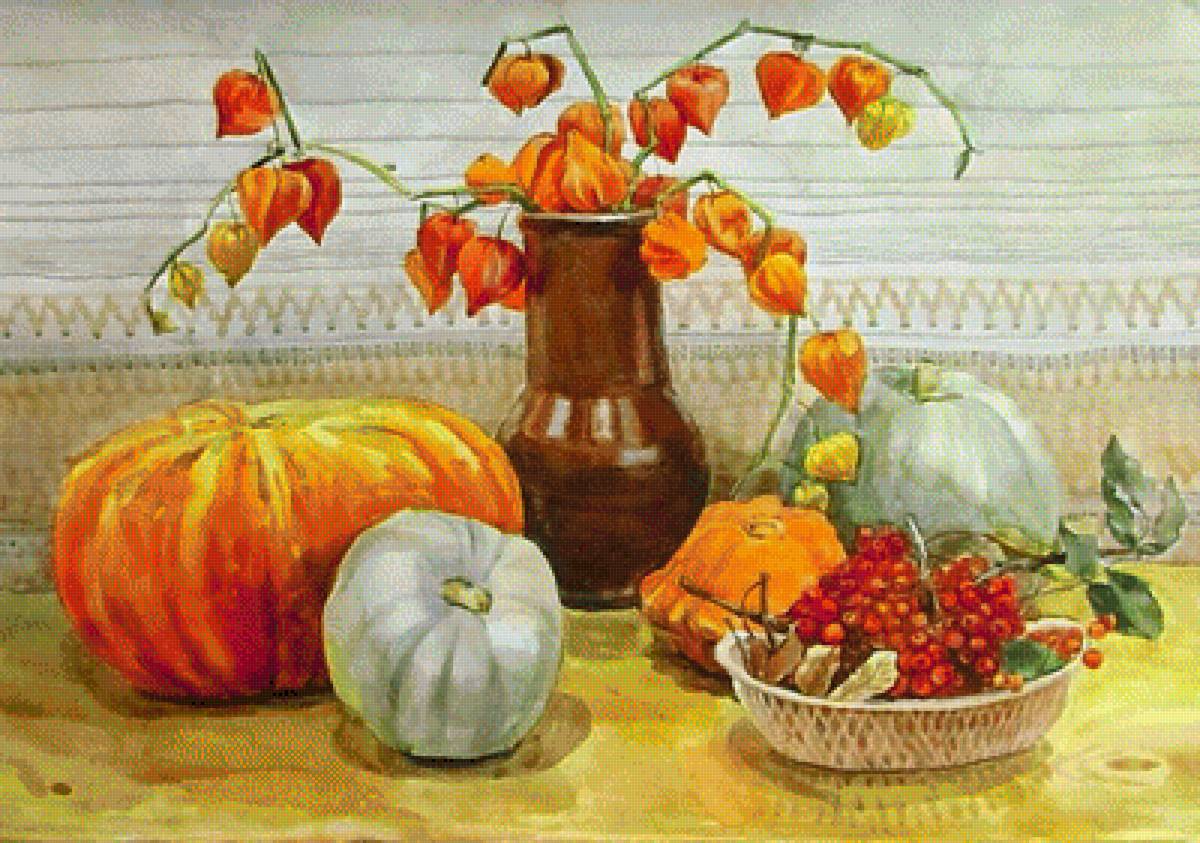 Осенний натюрморт. - живопись., натюрморт, тыква. физалис - предпросмотр